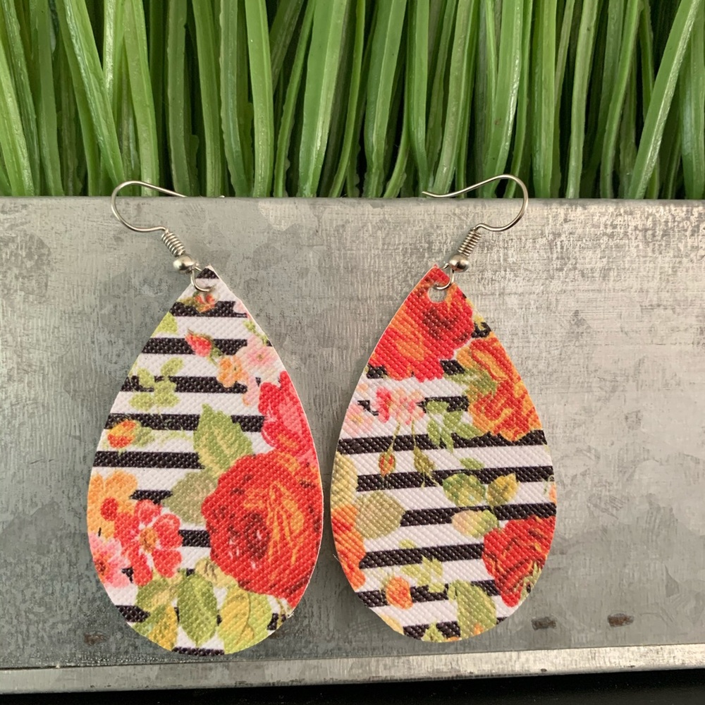 Floral and Stripes faux leather earrings.